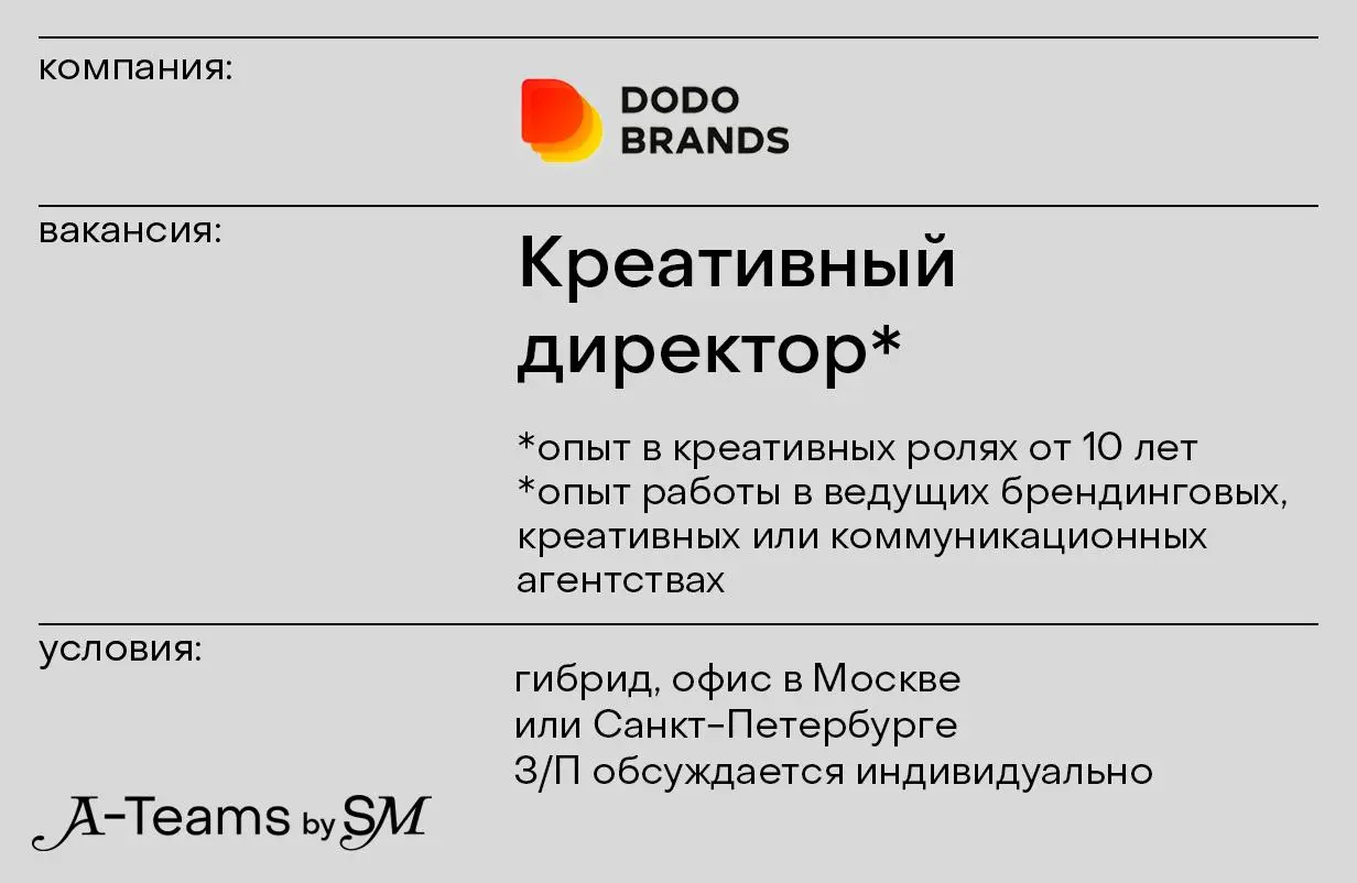 Креативный директор в Dodo Brands
Гибрид, офис в Москве или Санкт-Петербурге, З/П обсуждается индивидуально
Dodo Brands — это глобальная фуд-тех компания | Сетка — социальная сеть от hh.ru