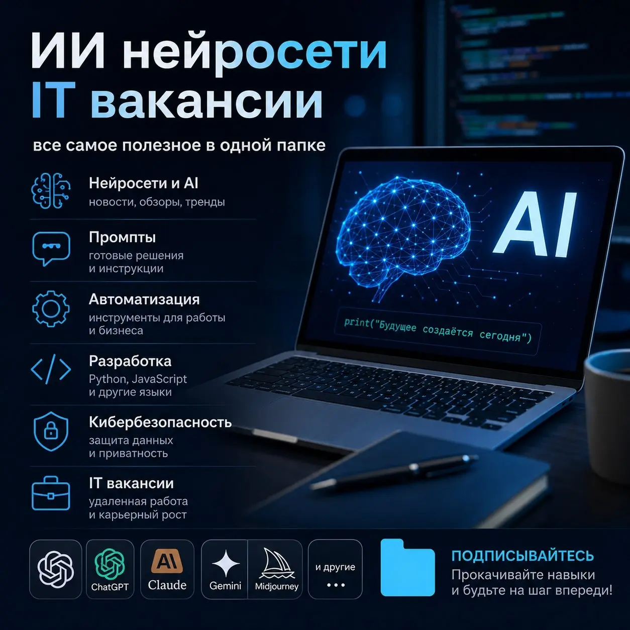Привет, друзья! Для вас собрали новую папку с каналами про нейросети
Тут много всего интересного:
📌 нейросети и AI в бизнесе и фрилансе
📌 ChatGPT, Claude, Midjourney и другие инструменты
📌 промпты и а... | Сетка — социальная сеть от hh.ru