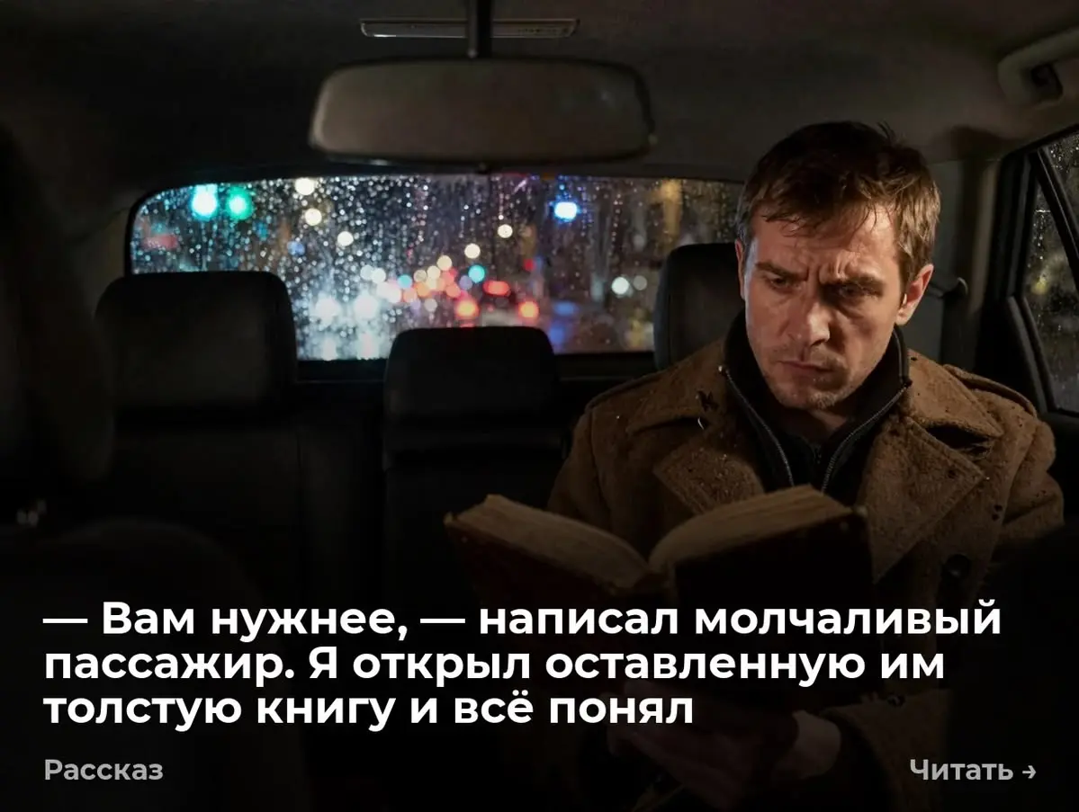 — Вам нужнее, — написал молчаливый пассажир. Я открыл оставленную им толстую книгу и всё понял
Дверь с грохотом распахнулась. В салон ворвался ледяной ветер. На заднее сиденье плюхнулся худой мужик | Сетка — социальная сеть от hh.ru