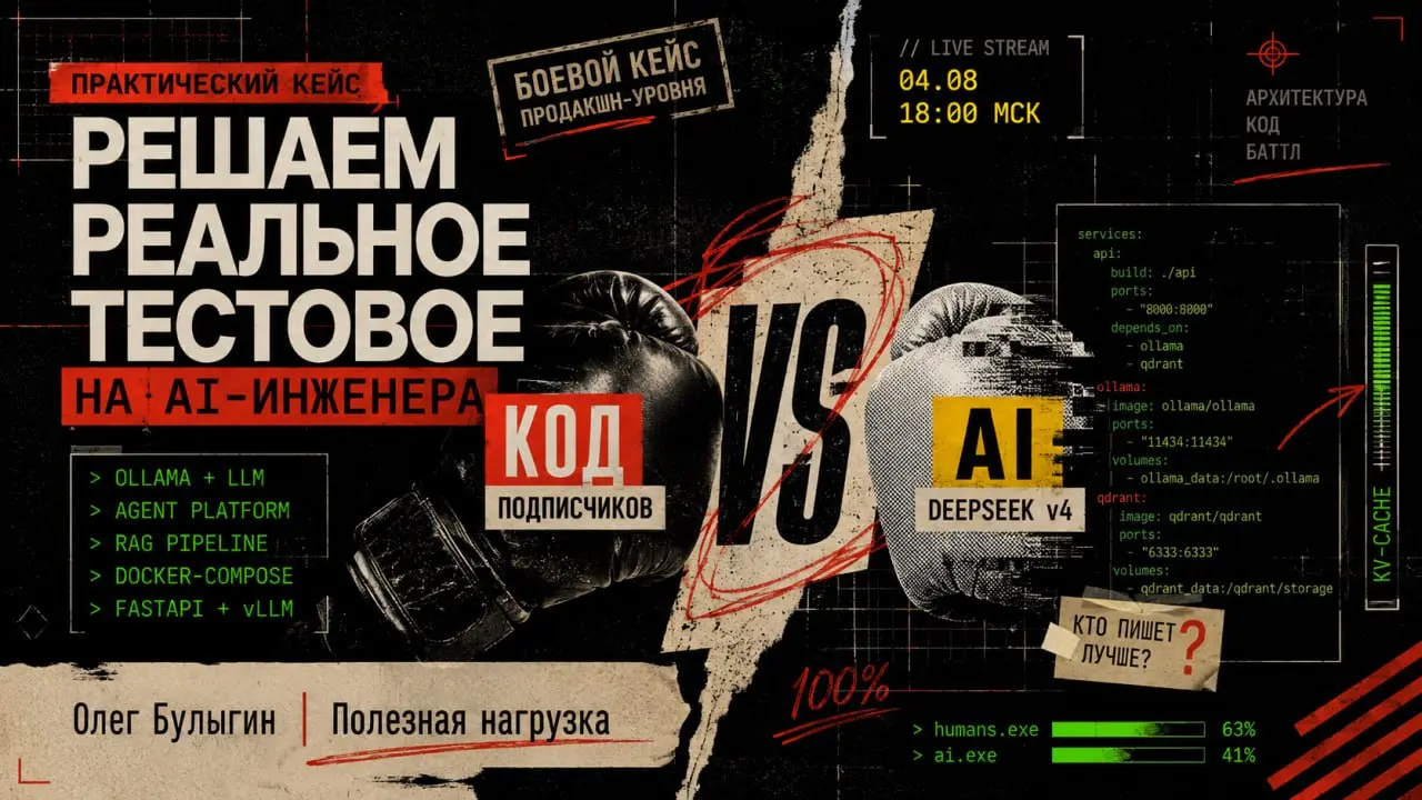 Тестовое на AI-инженера: разбираем реальный кейс + баттл «Код подписчиков vs AI» 🥊
Недавно проводил консультацию по реальному тестовому заданию на позицию ML/AI Engineer (уровень 1–3 года опыта) | Сетка — социальная сеть от hh.ru