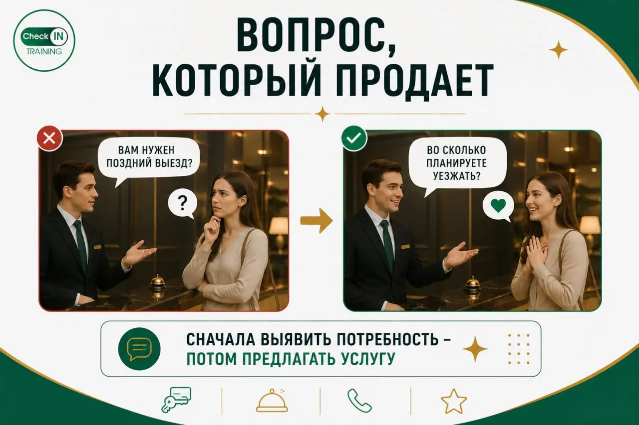 💬 Вопрос, который продает
Большинство сотрудников сразу предлагают услугу:
❌ «Вам нужен поздний выезд?»
Такой вопрос предполагает простой ответ: «Нет» | Сетка — социальная сеть от hh.ru