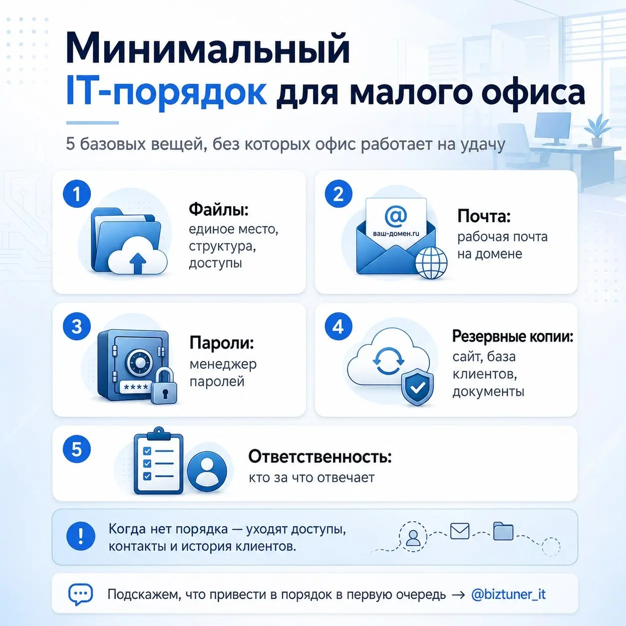 Минимальный IT-порядок для малого офиса
5 базовых вещей, без которых офис работает на удачу.
Малому бизнесу не нужен большой IT-отдел. Но базовый порядок экономит нервы и деньги | Сетка — социальная сеть от hh.ru