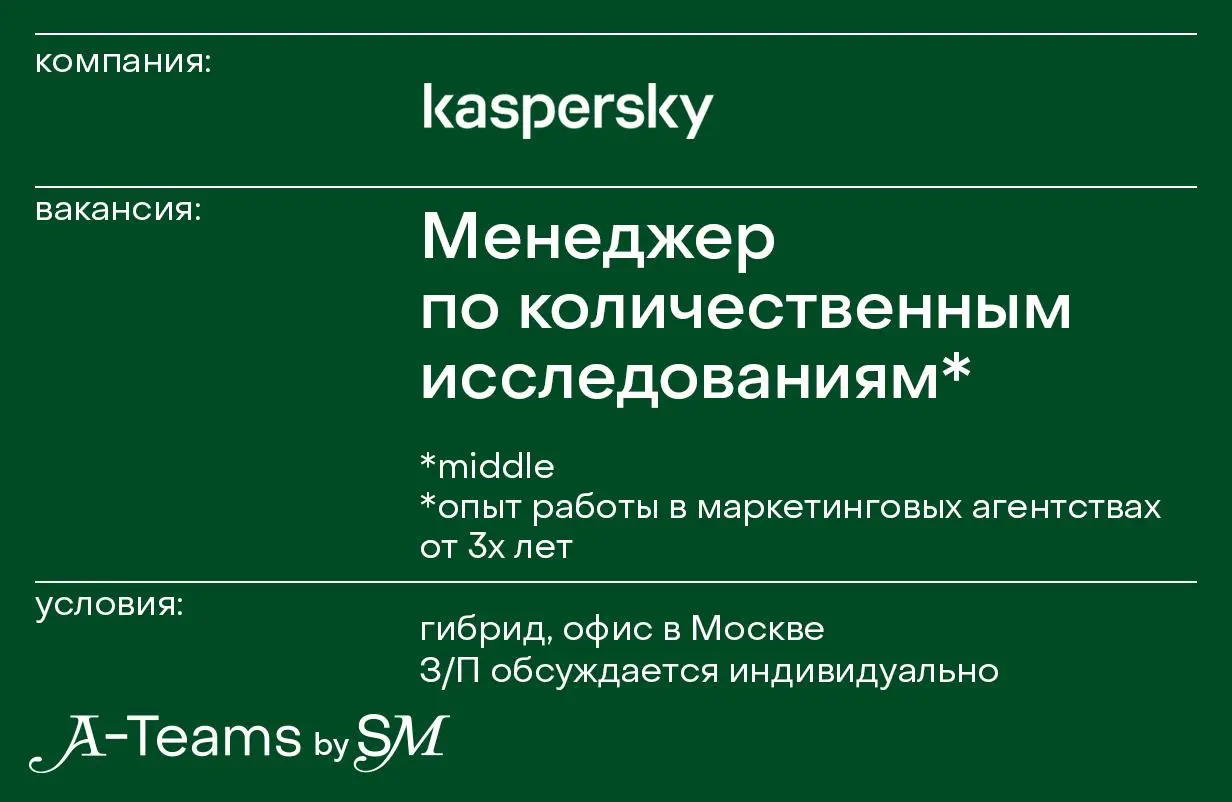 Менеджер по количественным исследованиям в Kaspersky
Офис, Москва, З/П обсуждается индивидуально
Kaspersky — международная компания в сфере информационной безопасности и цифровой приватности, работающ... | Сетка — социальная сеть от hh.ru