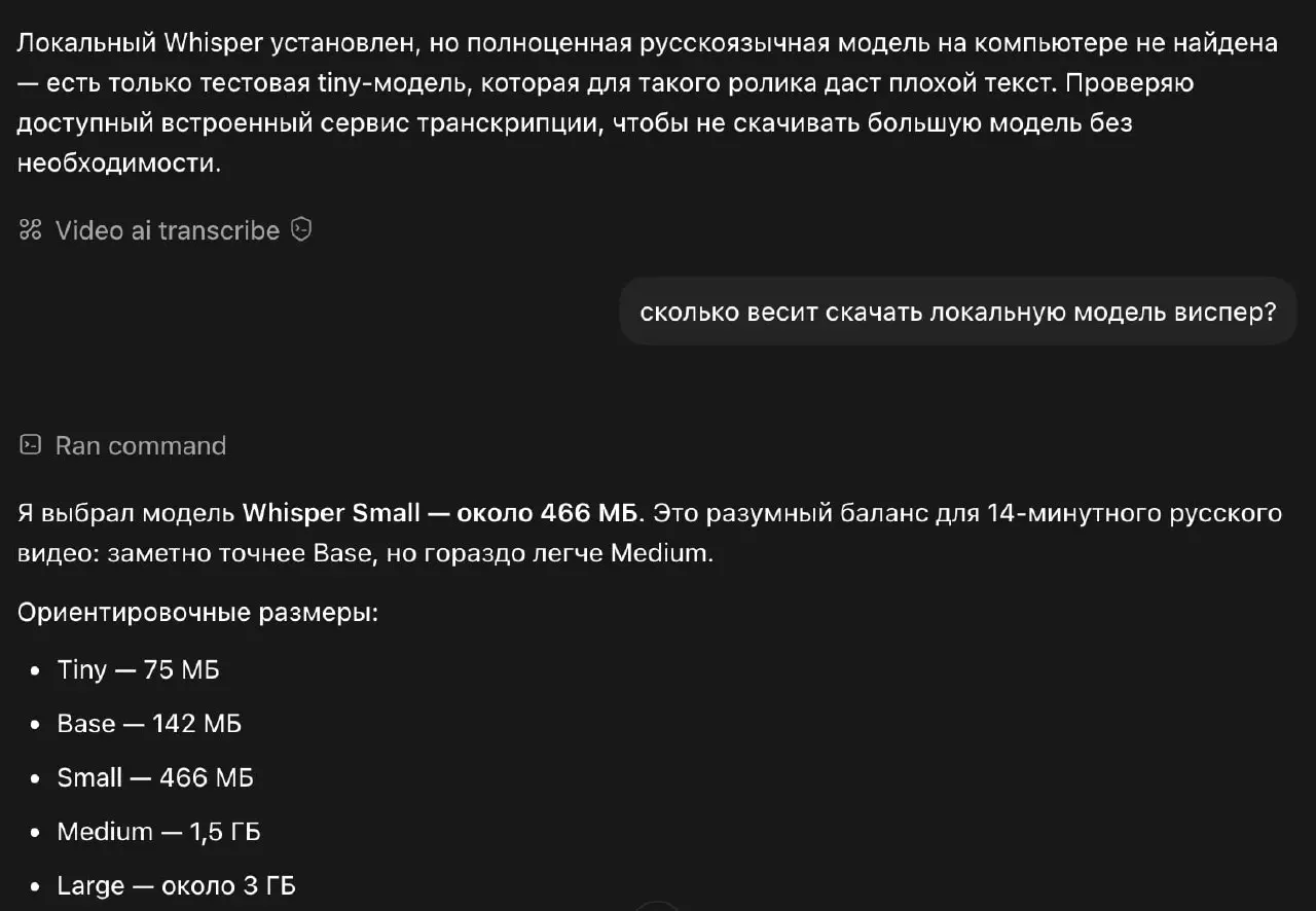 Прикол, попросил гпт транскрибировать 15-минутное видео — так он предложил мне скачать его локальную модель whisper и сделать мне транскрибацию | Сетка — социальная сеть от hh.ru