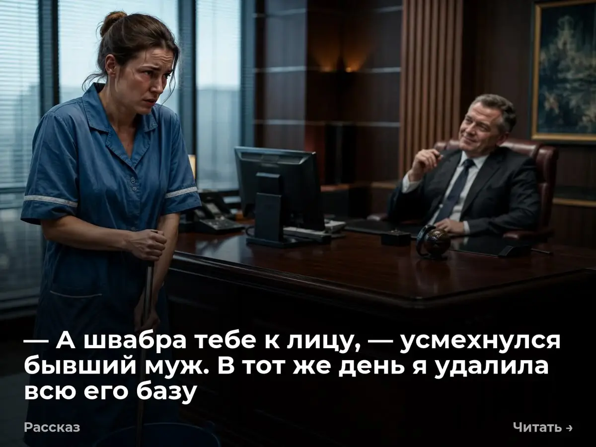 — А швабра тебе к лицу, — усмехнулся бывший муж. В тот же день я удалила всю его базу
Я толкнула тяжелую стеклянную дверь кабинета. За массивным дубовым столом сидел Вадим. Мой бывший начальник | Сетка — социальная сеть от hh.ru