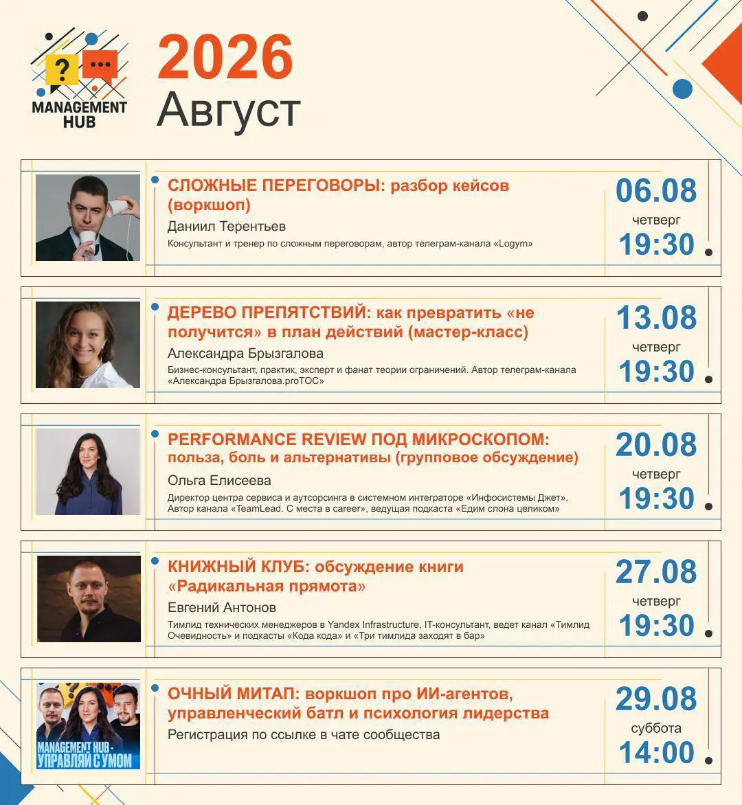 Август в менеджмент хабе будет особенным!
Мало того, что у нас будут одни из моих любимых экспертов и тем, включая заседание книжного клуба по книге, которую я неоднократно советовал, — «Радикальная п... | Сетка — социальная сеть от hh.ru