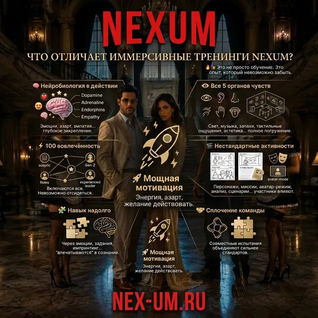 Что отличает иммерсивные тренинги Nexum? 📱
Это не просто обучение
Это изысканный обучающий перформанс, который невозможно забыть 🎭
🧠 Нейробиология в действии
Эмоции, азарт, эмпатия, дофамин, адреналин... | Сетка — социальная сеть от hh.ru