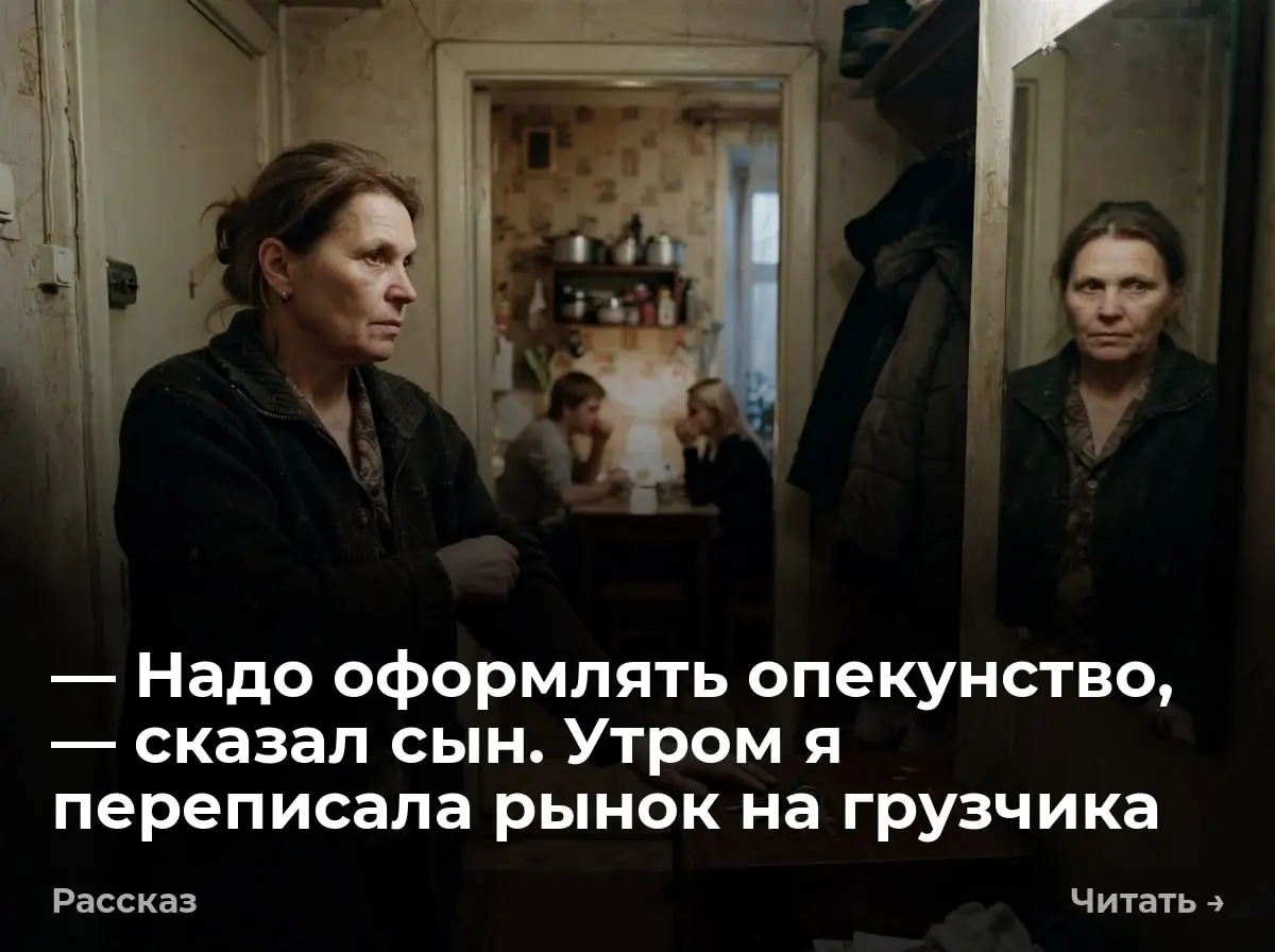 — Надо оформлять опекунство, — сказал сын. Утром я переписала рынок на грузчика
— Она старая уже, хватку потеряла, — донеслось из кухни. Я молча положила ключи на тумбочку. Стянула сапоги | Сетка — социальная сеть от hh.ru