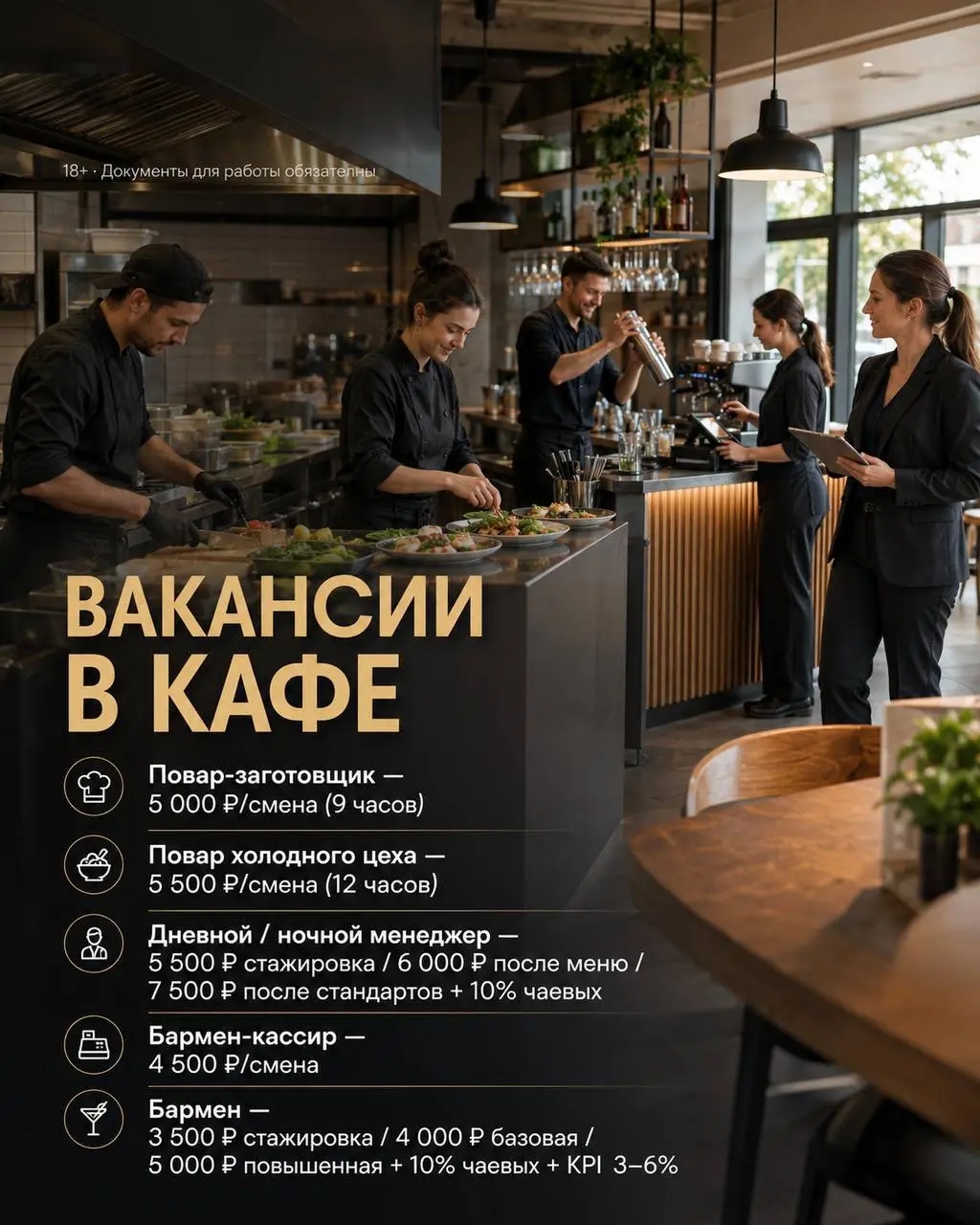 1️⃣ПОВАР-ЗАГОТОВЩИК,
2️⃣ПОВАР ХОЛОДНОГО ЦЕХА,
3️⃣МЕНЕДЖЕР,
4️⃣БАРМЕН-КАССИР,
5️⃣БАРМЕН
Кафе «Суп» / «Суп Станция»
• Москва, м | Сетка — социальная сеть от hh.ru