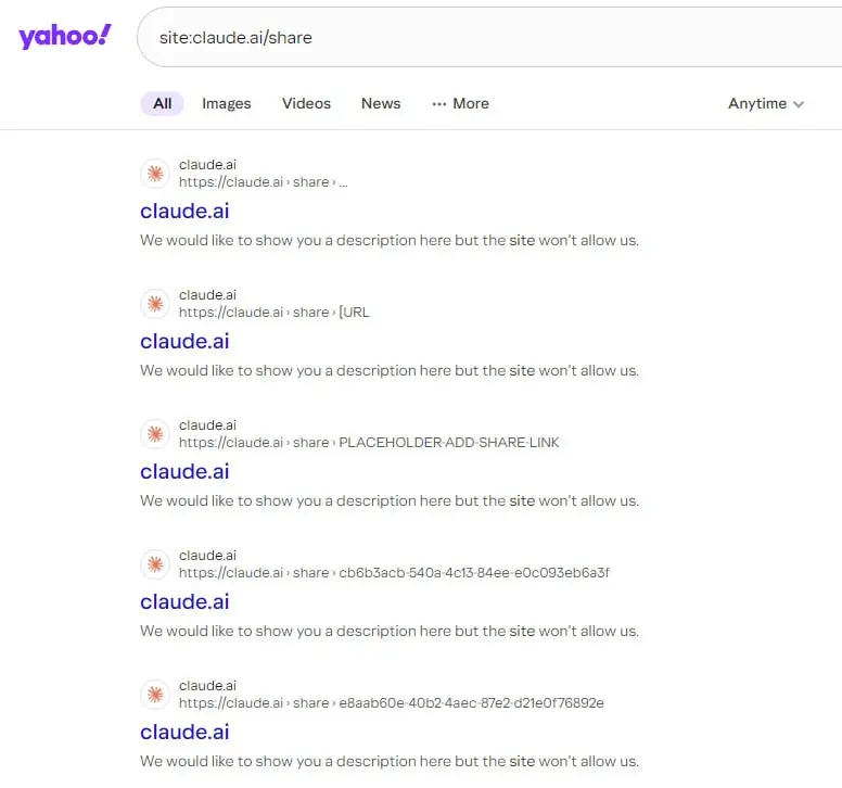 Расшаренные чаты с Claude появились в поисковиках
Google уже всё скрыл, но в Yahoo переписки всё ещё доступны. | Сетка — социальная сеть от hh.ru