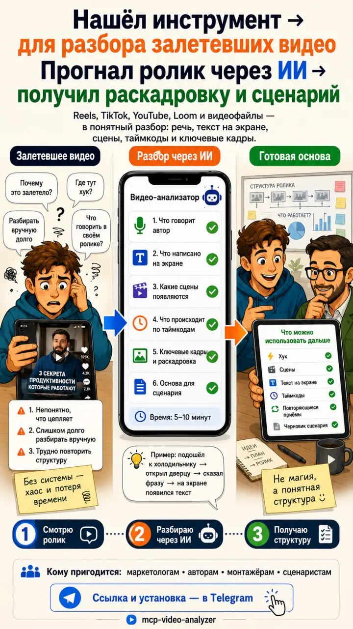 Нашёл AI-инструкцию (skill) для разбора залетевших видео — просто бомба 💥
Кому пригодится: маркетологам, авторам, монтажёрам, сценаристам и всем, кто делает вертикальный контент | Сетка — социальная сеть от hh.ru