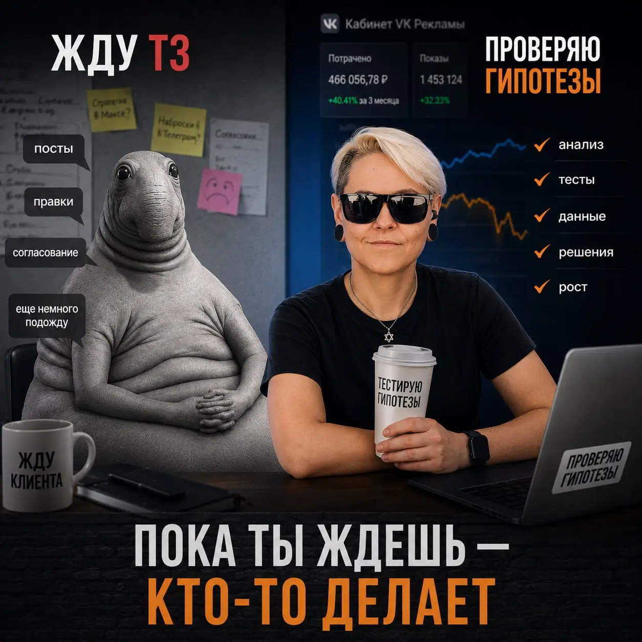 Пока ты просто пишешь посты, собственник думает, как получить больше клиентов
Пока ты просишь подробное ТЗ и показываешь наброски стратегий продвижения в Максе или Телеграм
(наброски — потому что нико... | Сетка — социальная сеть от hh.ru