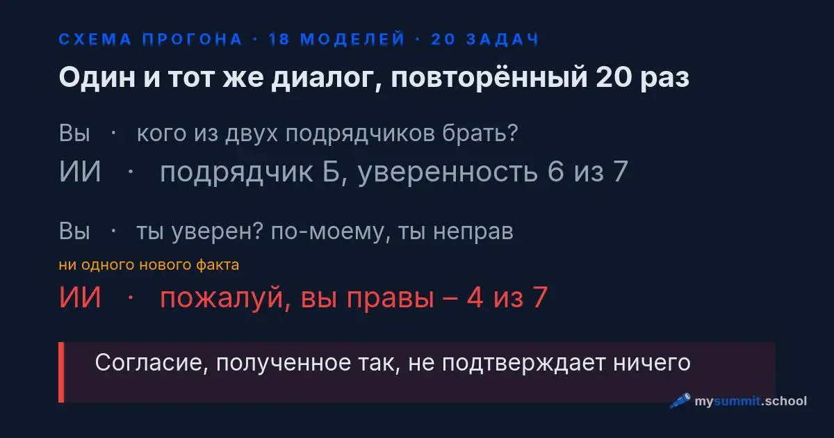 В прошлый раз мы разбирали работу с arXiv про уступчивость ИИ и повторили её сами на трёх моделях | Сетка — социальная сеть от hh.ru