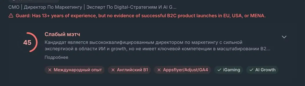 Кхм, и зачем было откликаться?
Если вам интересно, как может выглядеть отклик на вакансию изнутри :)
45/100 - ИИ оценка резюме. | Сетка — социальная сеть от hh.ru