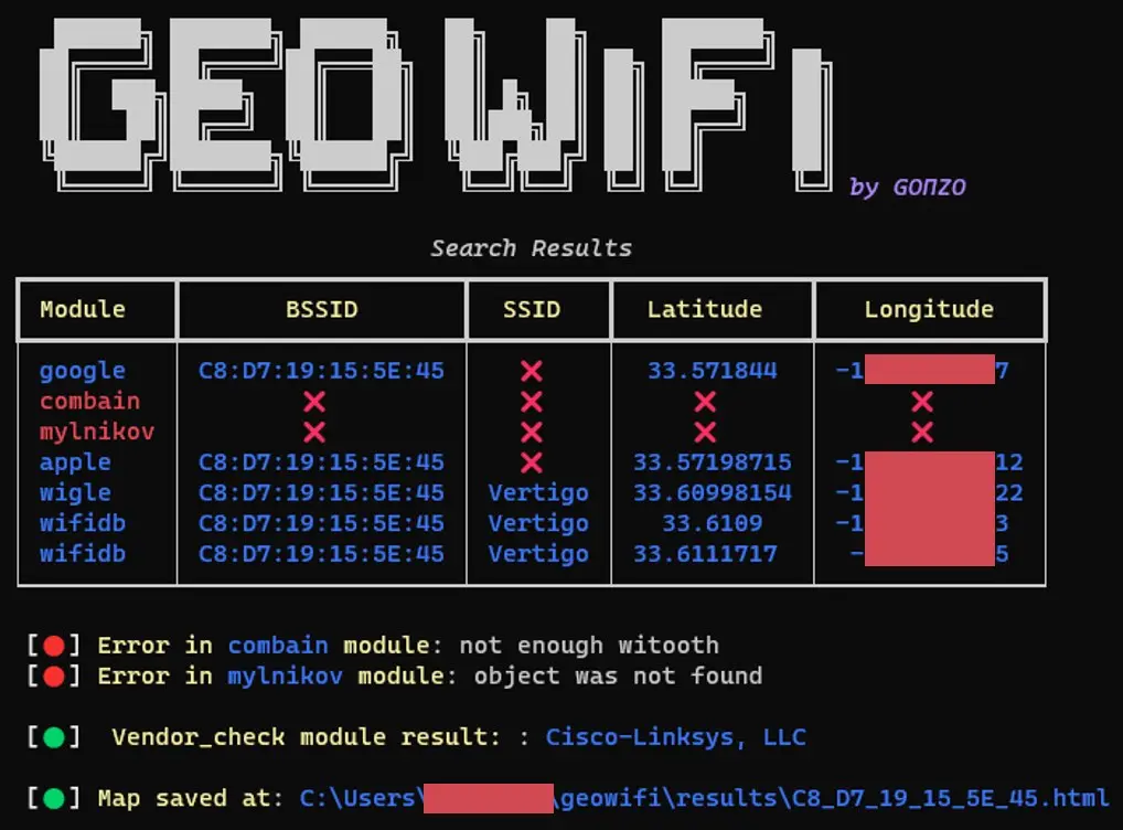 geowifi
geowifi — это инструмент OSINT, предназначенный для поиска и получения геолокационной информации о Wi-Fi сетях по их BSSID или SSID | Сетка — социальная сеть от hh.ru