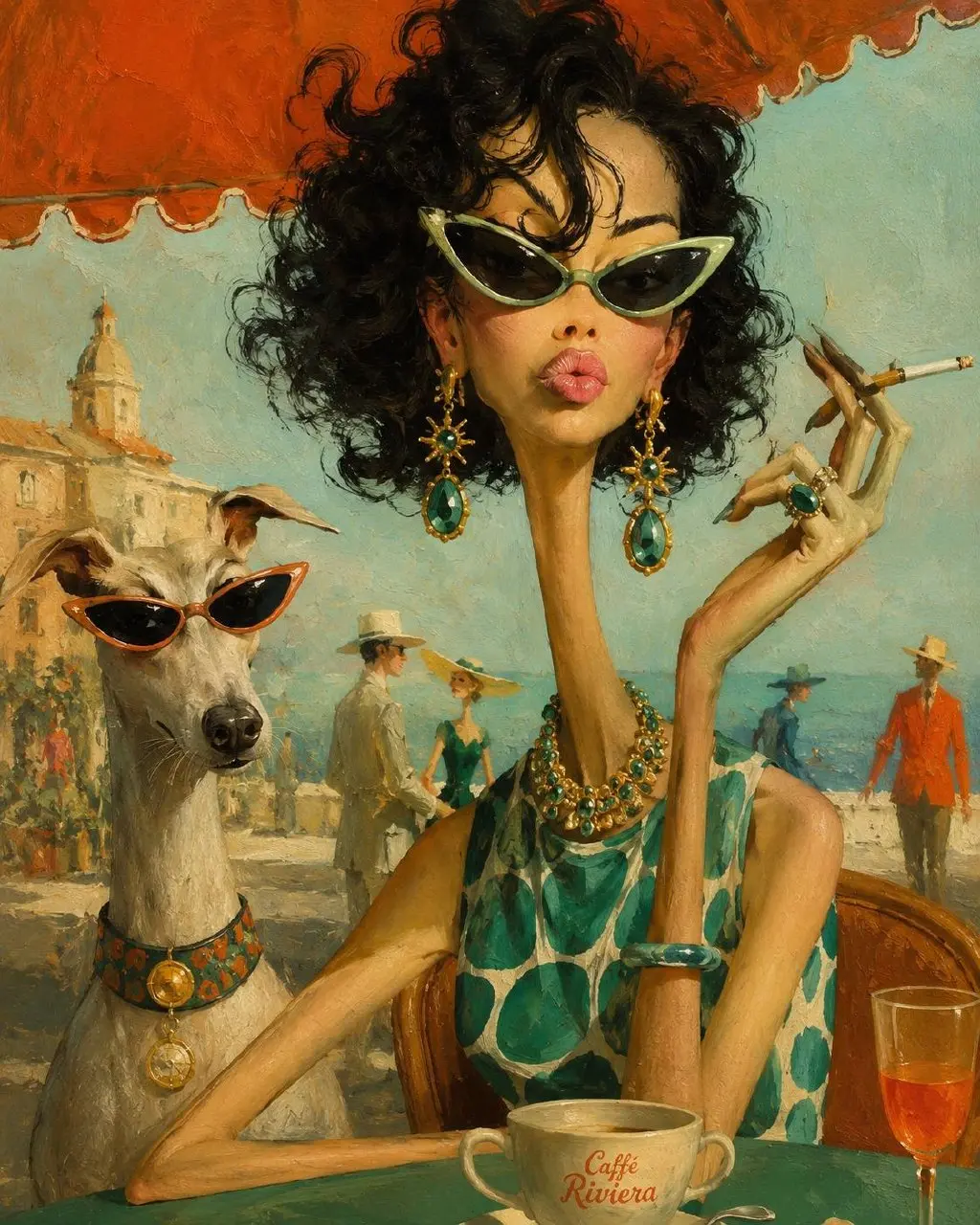 Промт:
Surreal mid-century editorial illustration of an eccentric version of the person in the photo and a [ANIMAL] inside a stylish [SCENERY], elongated proportions, exaggerated narrow faces, deadpan... | Сетка — социальная сеть от hh.ru