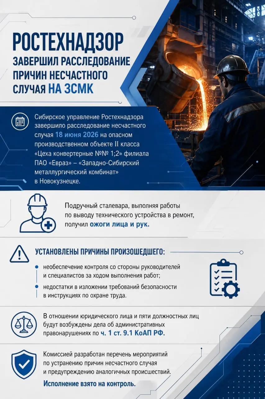 Ростехнадзор завершил расследование причин несчастного случая на ЗСМК
Сибирское управление Ростехнадзора завершило расследование несчастного случая 18 июня 2026 на опасном производственном объекте Ⅱ к... | Сетка — социальная сеть от hh.ru