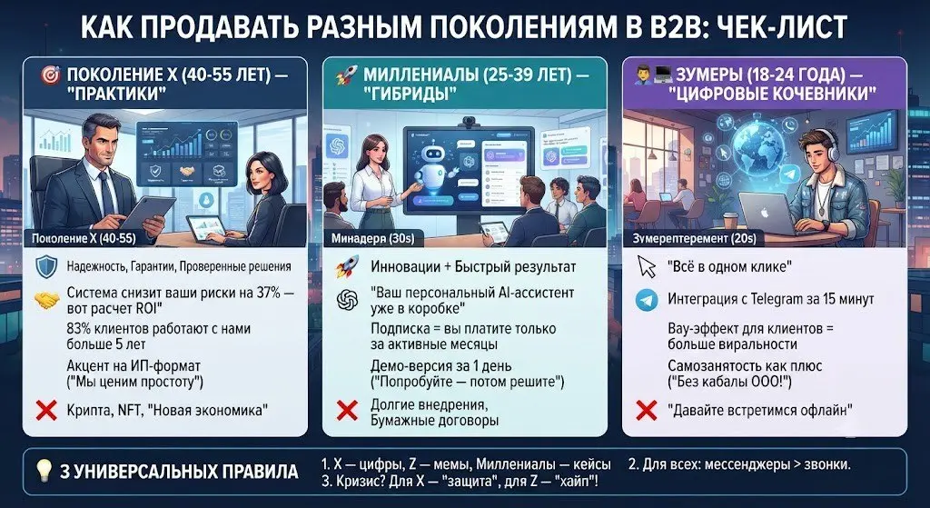 #ТехникаПродаж
КАК ПРОДАВАТЬ РАЗНЫМ ПОКОЛЕНИЯМ В В2В: ЧЕК-ЛИСТ
Сегментация аудитории по поколениям в B2B помогает точнее попадать в боли и ценности ЛПР (лиц, принимающих решения), сокращая цикл сделки | Сетка — социальная сеть от hh.ru