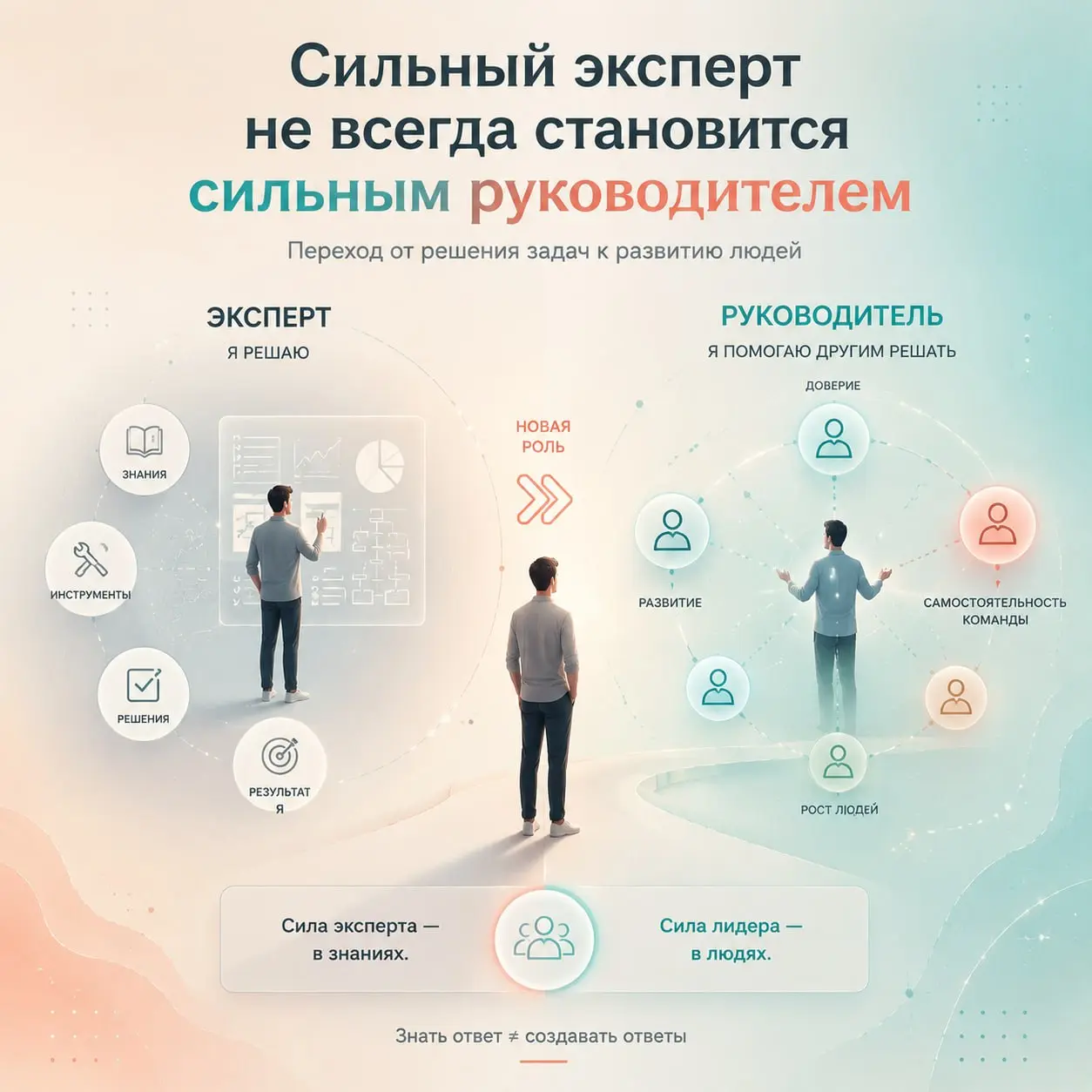 Почему сильный специалист не всегда становится сильным руководителем
Когда человек становится руководителем, мы часто воспринимаем это как закономерный следующий шаг.
➖ Он был сильным экспертом | Сетка — социальная сеть от hh.ru