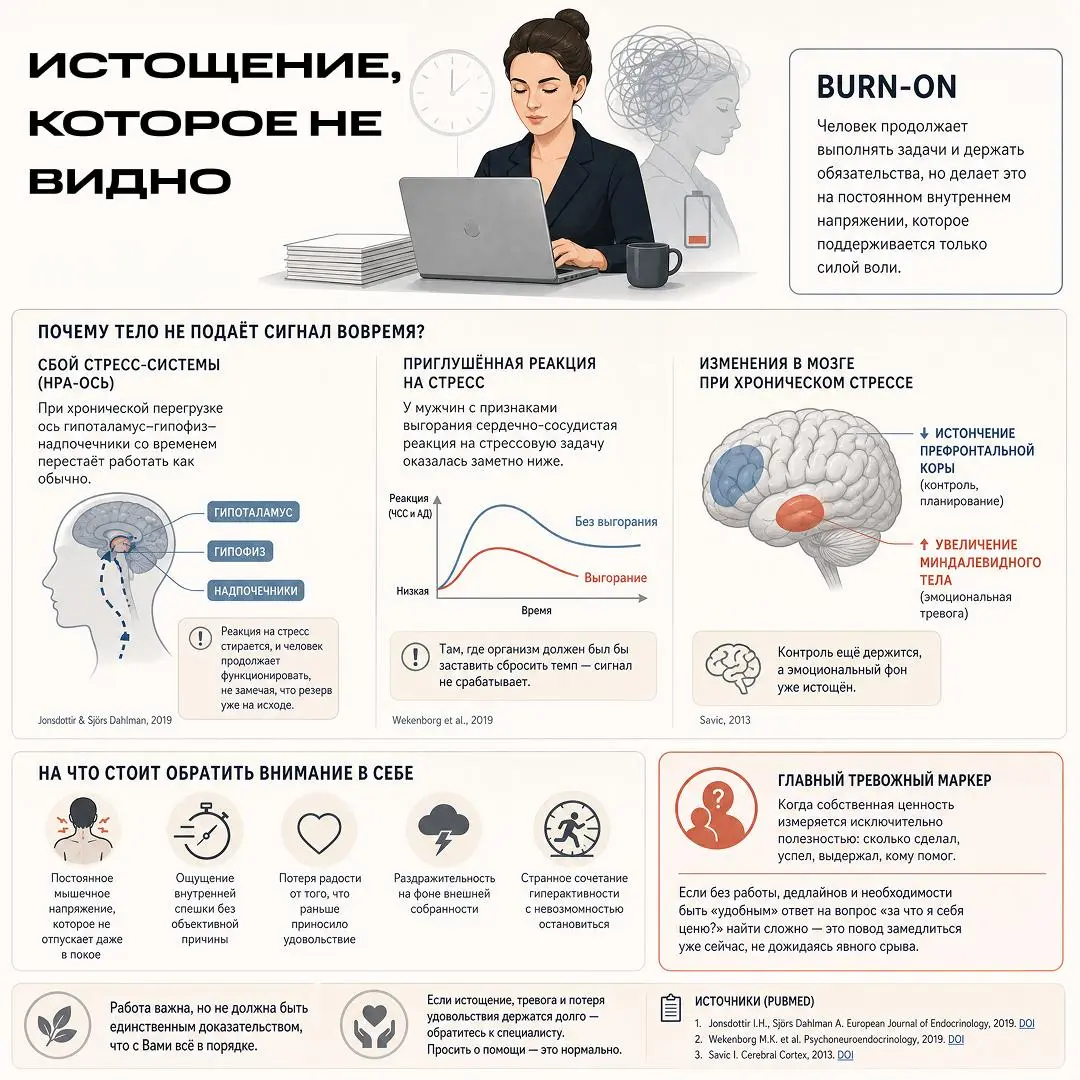 Что если истощение выглядит не как срыв, а как безупречная собранность?
О выгорании принято думать как о моменте, когда человек «сломался» и больше не может работать как прежде | Сетка — социальная сеть от hh.ru