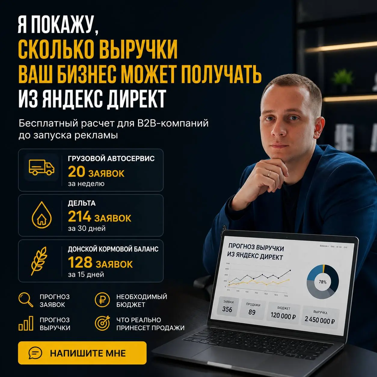 Покажу, сколько заявок, продаж и выручки ваш бизнес может получать из Яндекс Директ еще до запуска рекламы.
Бесплатно подготовлю прогноз для B2B-компаний, производства и строительных компаний | Сетка — социальная сеть от hh.ru