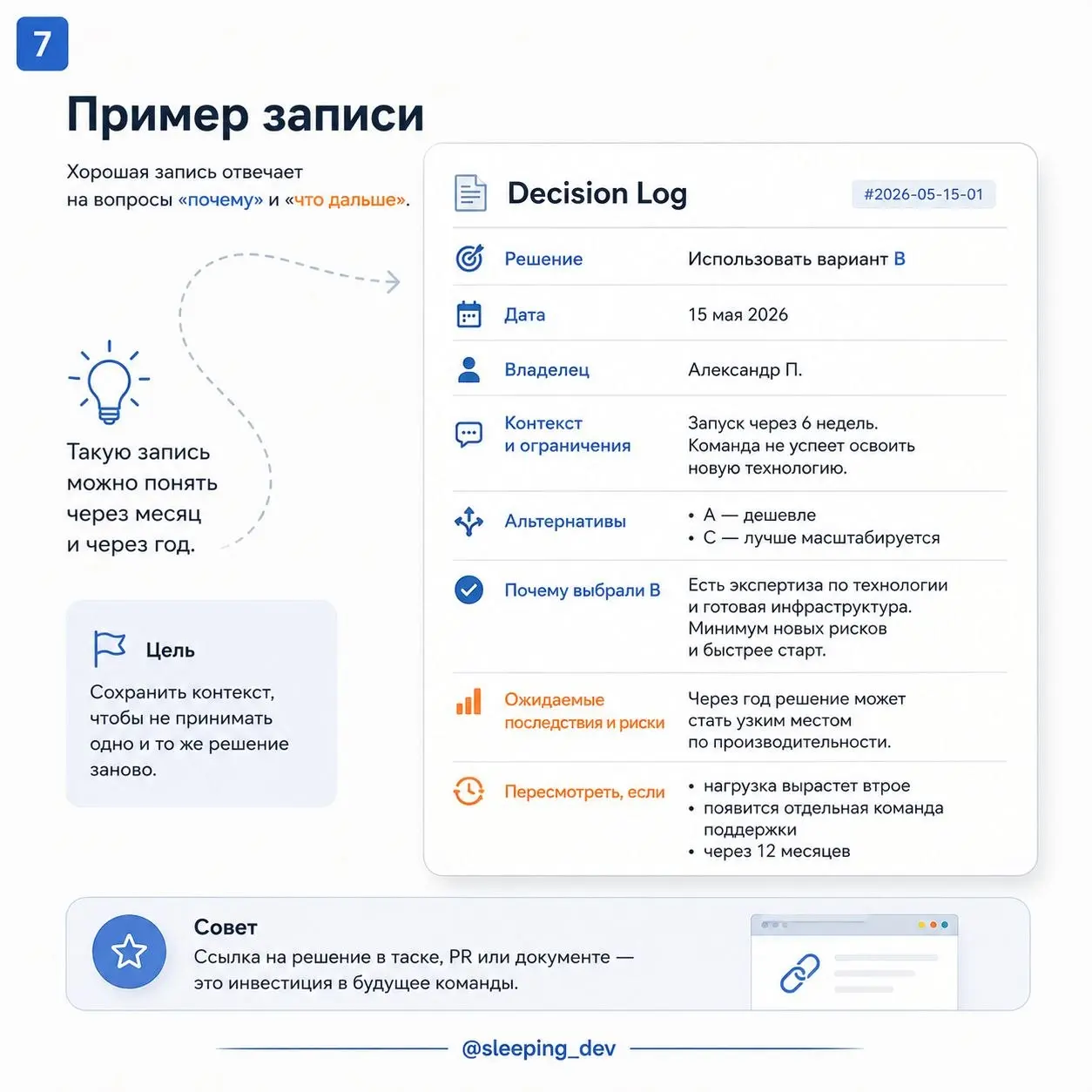 Decision Log: как перестать принимать одно и то же решение заново
На встрече команда обсудила три варианта и выбрала B. Через неделю кто-то спрашивает:
— А почему не A? Он же проще | Сетка — социальная сеть от hh.ru