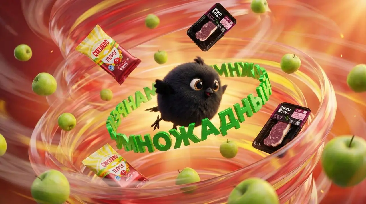 Визуал: как не превратить продукты в кашу и оживить маскота
Ролик мы выстроили как динамичное путешествие в фирменном мире «Чижика». Главным цветом стал желтый — узнаваемый оттенок бренда | Сетка — социальная сеть от hh.ru