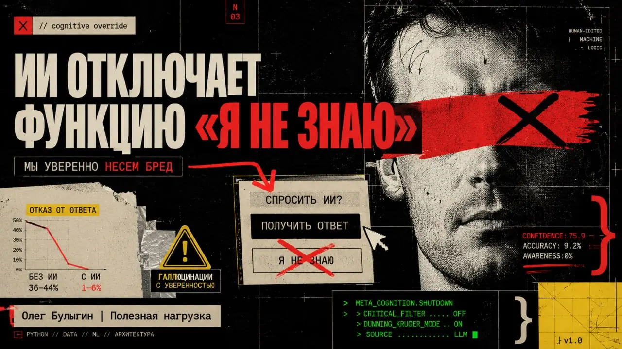 ИИ отключает у людей функцию «Я не знаю»: мы уверенно несем бред 🧠💥
Недавно я разбирал исследование, где рассказывал, как очеловечивание скриптов ломает контроль качества: ревьюеры расслабляются, проп... | Сетка — социальная сеть от hh.ru