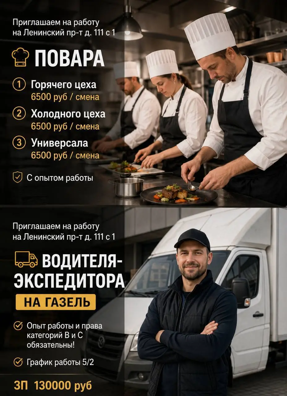 1️⃣ПОВАР ГОРЯЧЕГО ЦЕХА,
2️⃣ПОВАР ХОЛОДНОГО ЦЕХА,
3️⃣ПОВАР-УНИВЕРСАЛ,
4️⃣ВОДИТЕЛЬ-ЭКСПЕДИТОР
Прямой работодатель
• Москва, Ленинский проспект, д | Сетка — социальная сеть от hh.ru