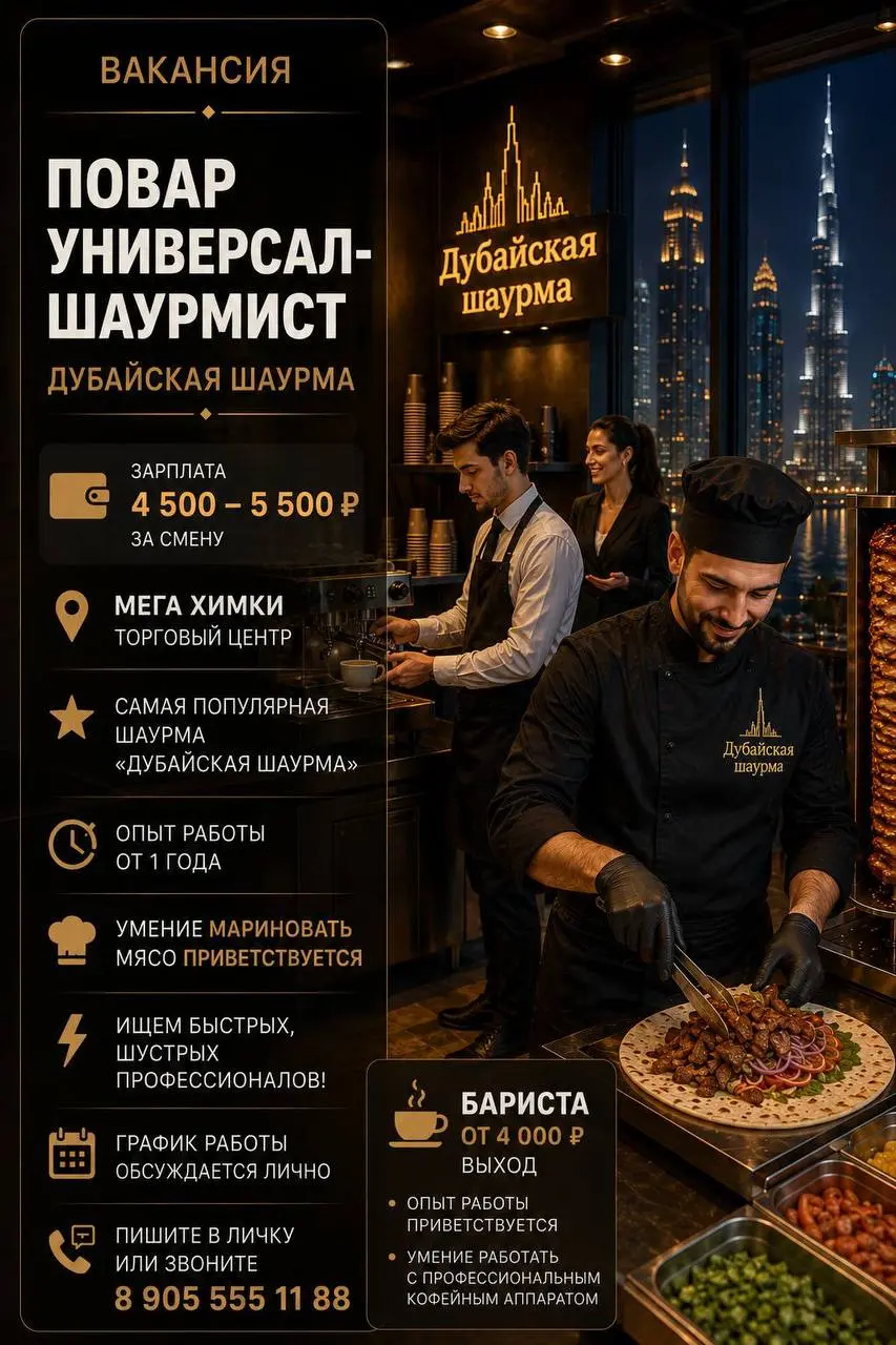 1️⃣ПОВАР-УНИВЕРСАЛ-ШАУРМИСТ,
2️⃣БАРИСТА
Дубайская шаурма
• Химки
• Рестораны/Кафе
• +79055551188
Полное описание вакансии размещено в Телеграм и Макс. Переходите по ссылке в закрепленном сообщении | Сетка — социальная сеть от hh.ru