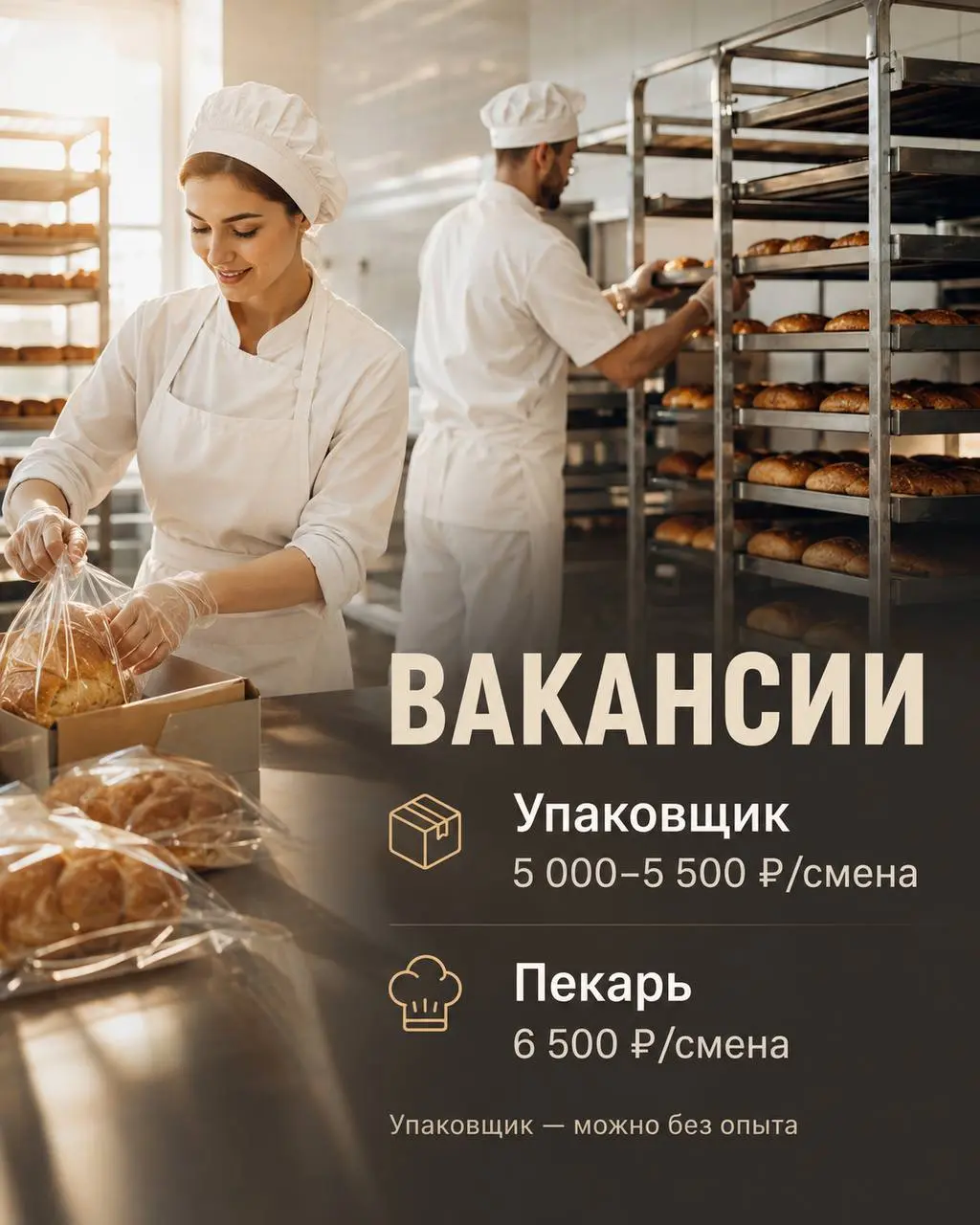 1️⃣УПАКОВЩИК,
2️⃣ПЕКАРЬ
VALIKO
• Москва, м. Варшавское
• Рестораны/Кафе
• @ale4k4a
Полное описание вакансии размещено в Телеграм и Макс. Переходите по ссылке в закрепленном сообщении | Сетка — социальная сеть от hh.ru