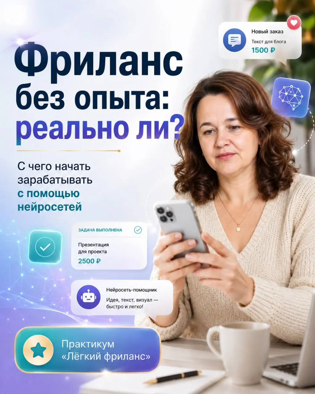 Фриланс без опыта: реально ли?
Я осторожно отношусь к обещаниям лёгкого заработка в интернете.
Обычно всё звучит красиво: освойте нейросети, найдите клиентов, начните работать на себя | Сетка — социальная сеть от hh.ru