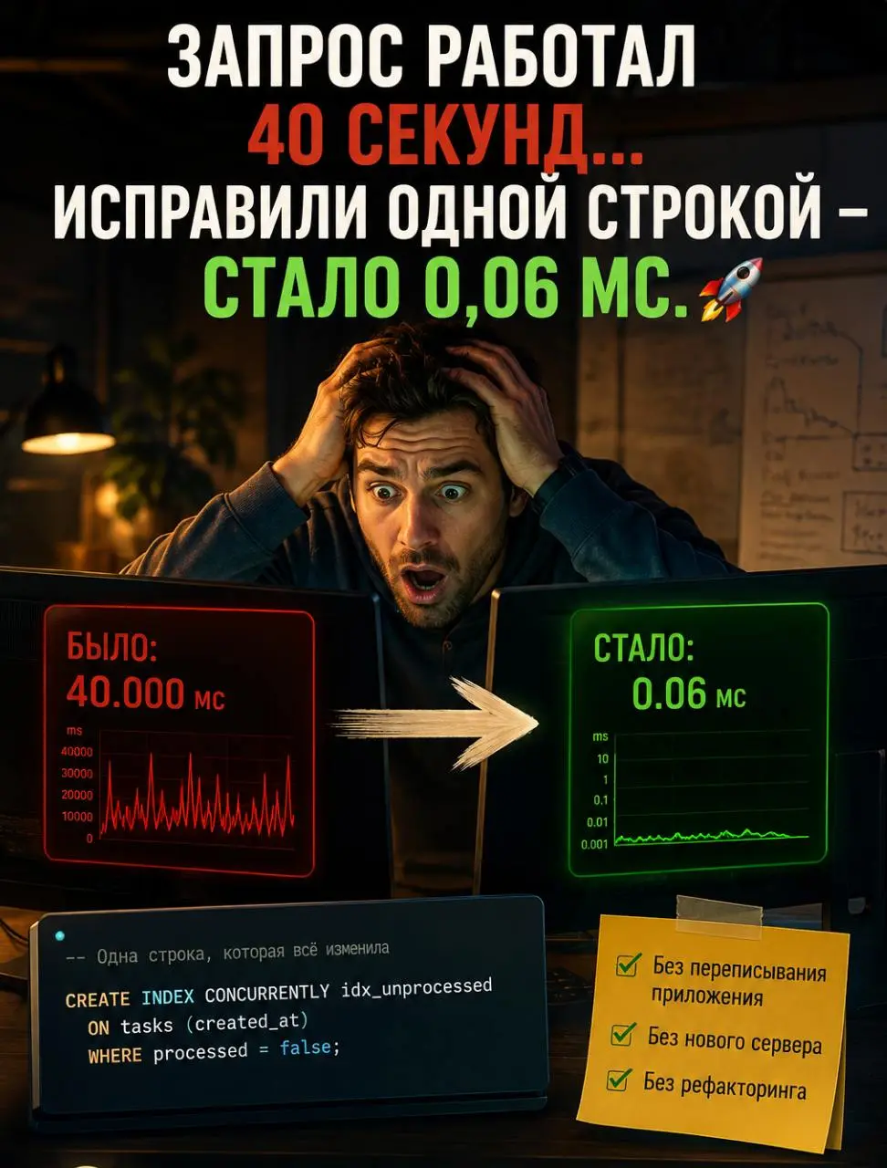 Запрос работал 40 секунд. Исправили одной строкой. Стало 0,06 мс. 🚀
Недавно разбирали интересный кейс у клиента.
Сначала прилетели алерты | Сетка — социальная сеть от hh.ru