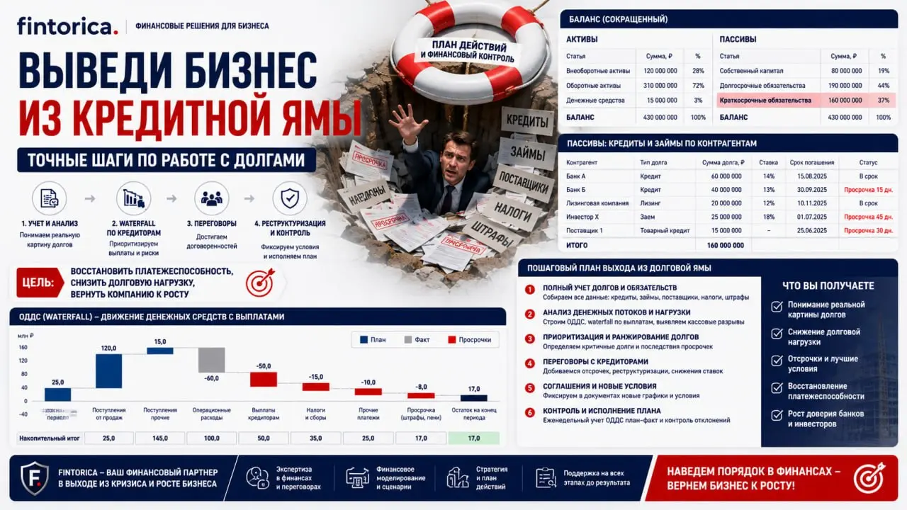 💸 Выведи бизнес из кредитной ямы: пошаговая инструкция
Долги растут, кредиторы звонят, налоговая начисляет пени, суды на подходе. Знакомо? Это не приговор — это системная проблема, которая решается | Сетка — социальная сеть от hh.ru