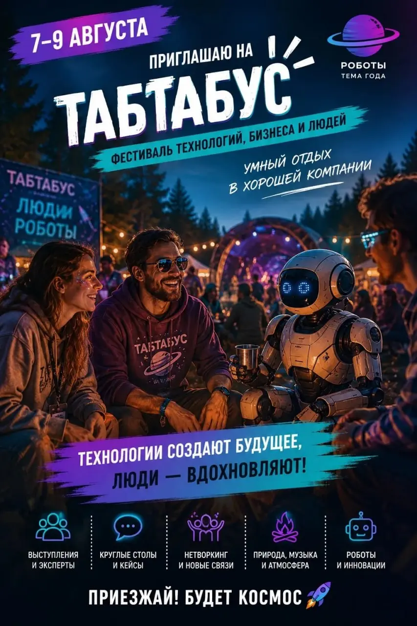 😘 Все едем на Табтабус 2026!
Дорогие коллеги, друзья и подписчики, традиционно приглашаю вас на наш ежегодный фестиваль «Табтабус»!
Он будет уже скоро, 7–9 августа | Сетка — социальная сеть от hh.ru