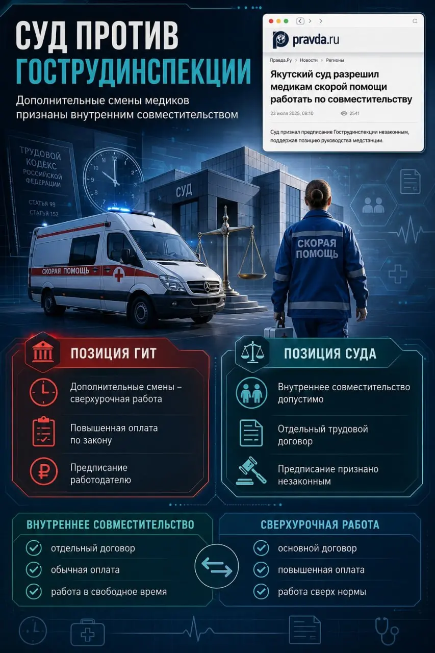 📱 Суд против ГИТ: кто прав в споре о дополнительных сменах медиков?
Якутский городской суд признал незаконным предписание Государственной инспекции труда, которая требовала оформлять дополнительные см... | Сетка — социальная сеть от hh.ru