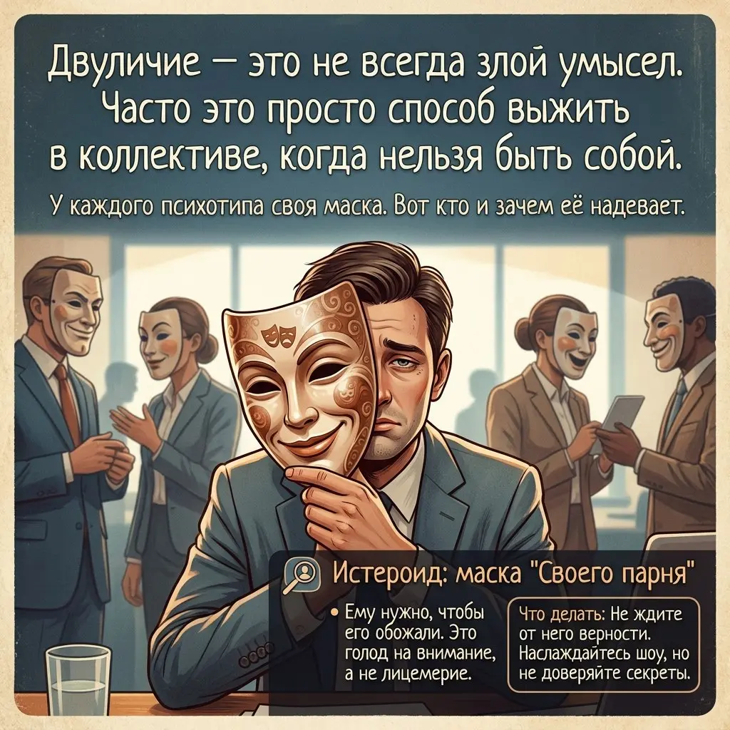 Двуличие — это не всегда злой умысел. Часто это просто способ выжить в коллективе, когда нельзя быть собой. У каждого психотипа своя маска. Вот кто и зачем её надевает | Сетка — социальная сеть от hh.ru