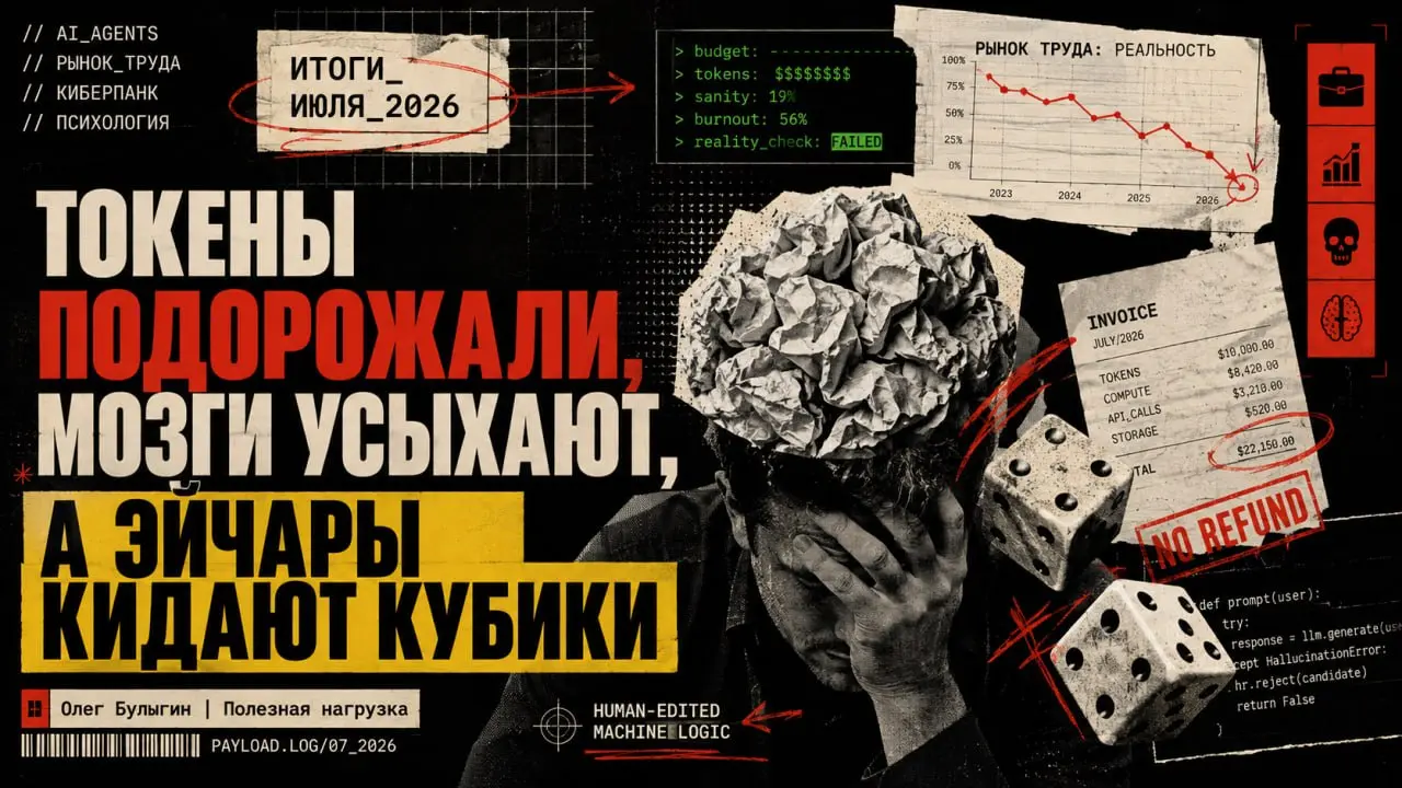 Токены подорожали, мозги усыхают, а эйчары кидают кубики: чем мы жили в июле 🗓
Июль 2026 выдался показательным: хайп вокруг «ИИ уволит всех программистов» продолжает разбиваться о реальность, а бизнес... | Сетка — социальная сеть от hh.ru