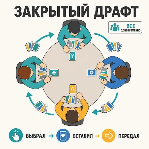 Современные механики: закрытый драфт.
Чтобы образовательная часть игры лучше запомнилась участникам, игра должна увлекать | Сетка — социальная сеть от hh.ru