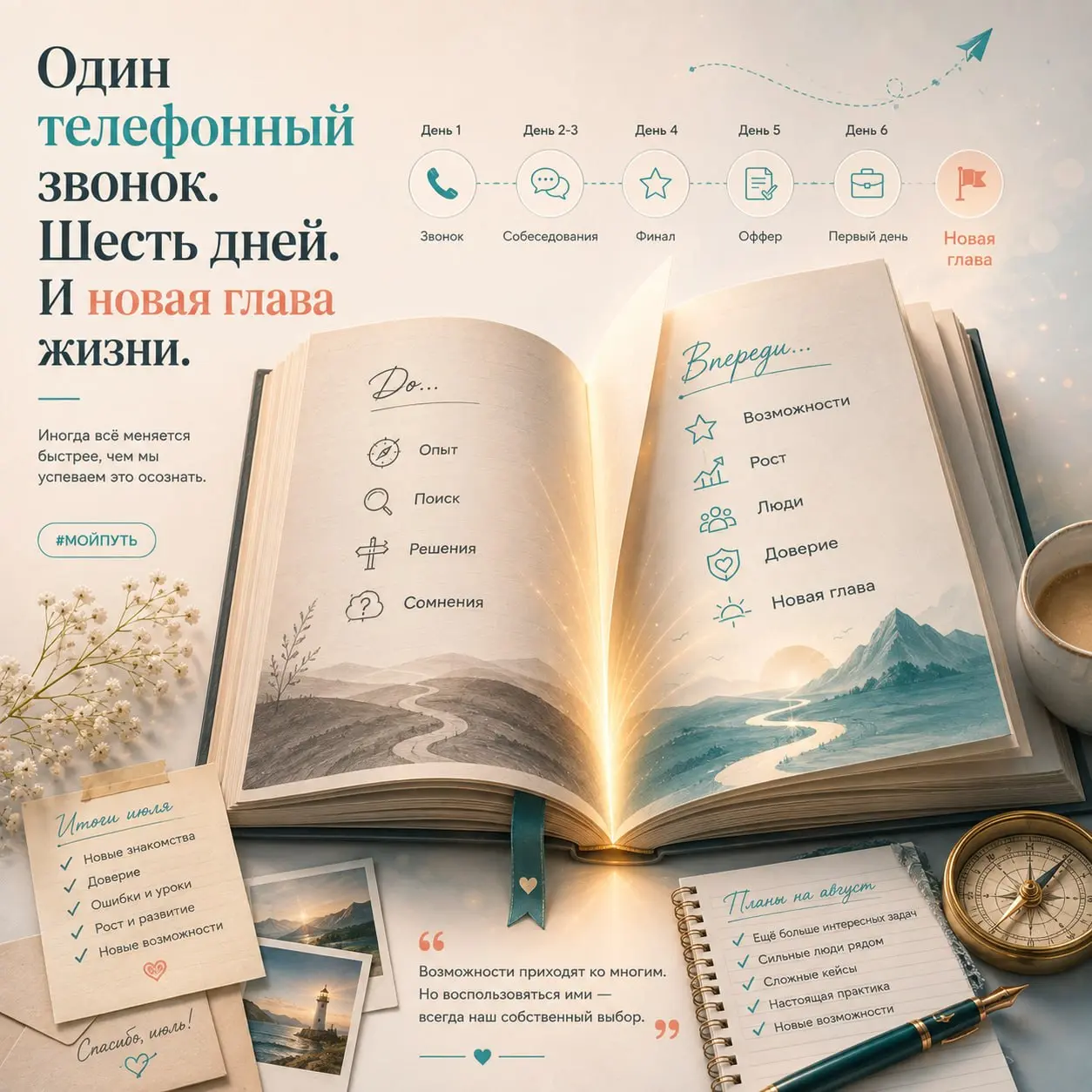 Один телефонный звонок. Шесть дней. И новая глава жизни.
Вот и подходит к концу второй месяц лета. Итоги всего лета подводить ещё рано, а вот июль точно заслуживает отдельного поста | Сетка — социальная сеть от hh.ru