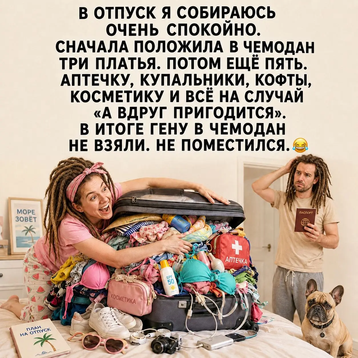 Собираюсь в отпуск всегда очень спокойно… 😇
Три платья — мало.
Пять купальников — они же все разные.
Аптечка — на все случаи жизни.
Кофта — вдруг замёрзну.
Ещё одна — вдруг первая не подойдёт | Сетка — социальная сеть от hh.ru