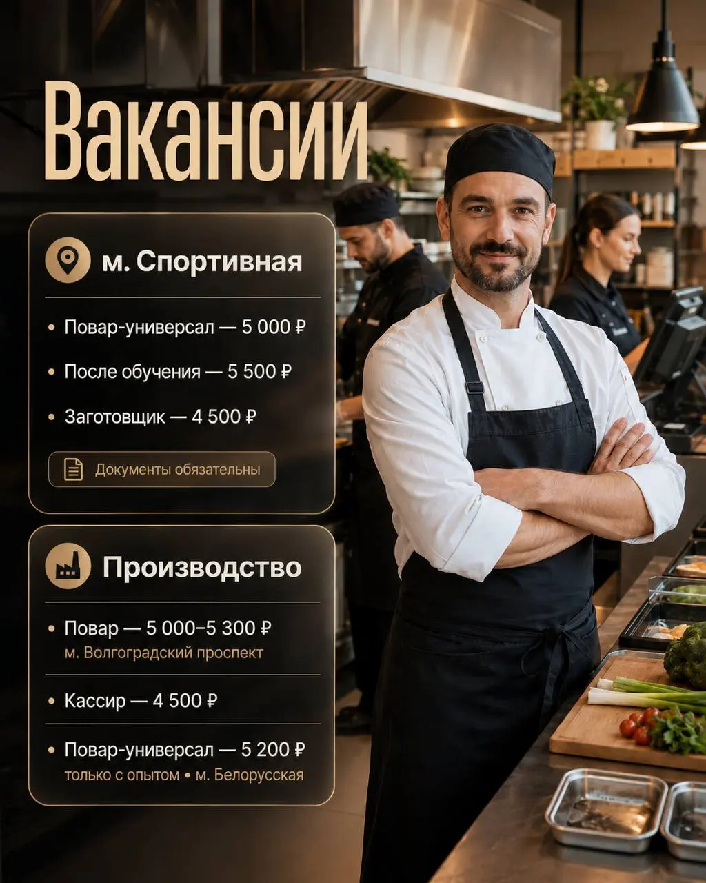 1️⃣ПОВАР-УНИВЕРСАЛ,
2️⃣ЗАГОТОВЩИК,
3️⃣ПОВАР,
4️⃣КАССИР
Прямой работодатель
• Москва, м | Сетка — социальная сеть от hh.ru