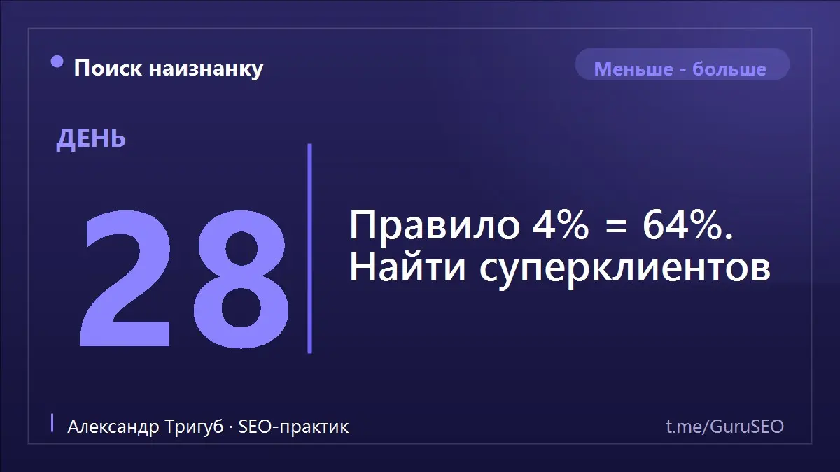 Про 80/20 слышали многие. Но у правила есть второй этаж, который меняет взгляд на бизнес. Если применить принцип к самим 20%, получается ещё резче: примерно 4% клиентов дают около 64% результата | Сетка — социальная сеть от hh.ru