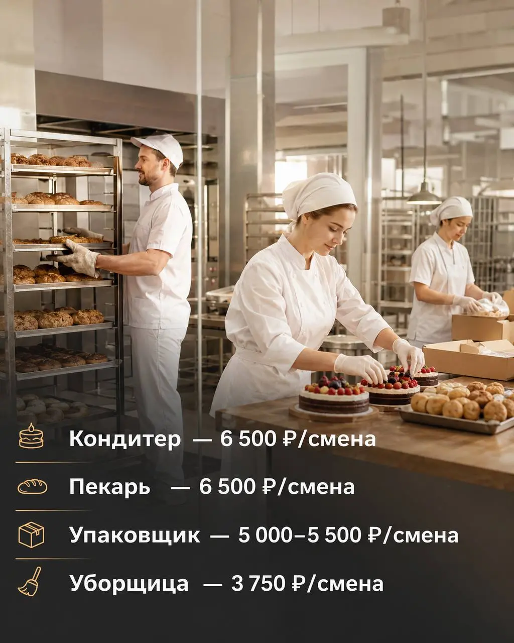1️⃣КОНДИТЕР,
2️⃣ПЕКАРЬ,
3️⃣УПАКОВЩИК,
4️⃣УБОРЩИЦА
VALIKO
• Москва
• Рестораны/Кафе
• @ale4k4a
Полное описание вакансии размещено в Телеграм и Макс. Переходите по ссылке в закрепленном сообщении | Сетка — социальная сеть от hh.ru