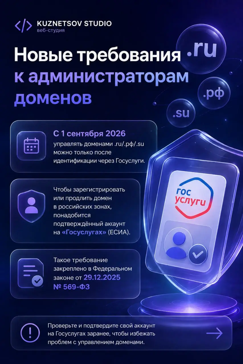 ⚠️ Владельцам доменов .RU, .РФ и .SU - пора пройти идентификацию!
С 1 сентября 2026 года управление российскими доменами будет доступно только после подтверждения личности через Госуслуги (ЕСИА) | Сетка — социальная сеть от hh.ru