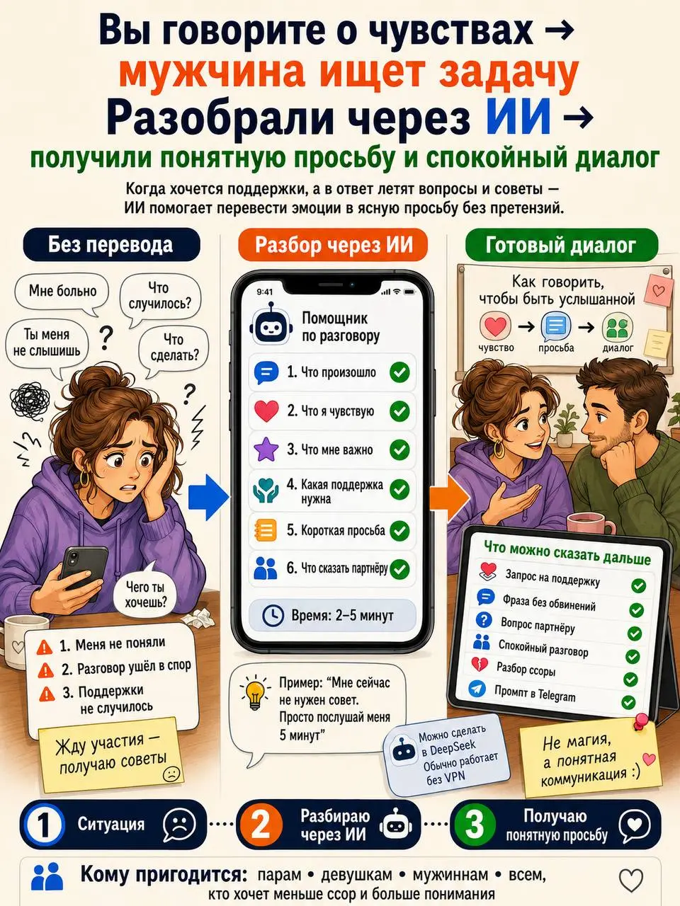 Как поговорить с мужчиной так, чтобы вы услышали друг друга
Представьте обычный разговор.
Женщина говорит:
«Мне было больно. Ты опять меня не услышал. Такое чувство, что тебе всё равно» | Сетка — социальная сеть от hh.ru