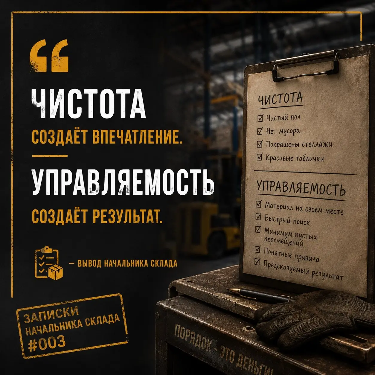 Записки начальника склада #003
Чистый склад — не всегда хороший. Хороший склад — всегда управляемый.
Однажды мне сказали:
— Какой у вас чистый склад.
Я поблагодарил | Сетка — социальная сеть от hh.ru