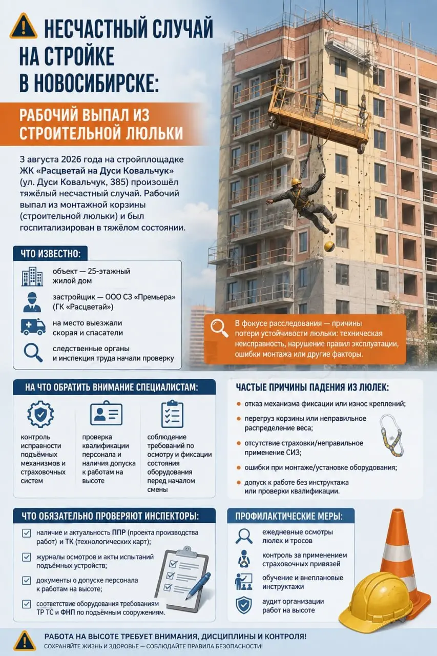 🤩 Несчастный случай на стройке в Новосибирске: рабочий выпал из строительной люльки
3 августа 2026 года на стройплощадке ЖК «Расцветай на Дуси Ковальчук»произошёл тяжёлый несчастный случай | Сетка — социальная сеть от hh.ru