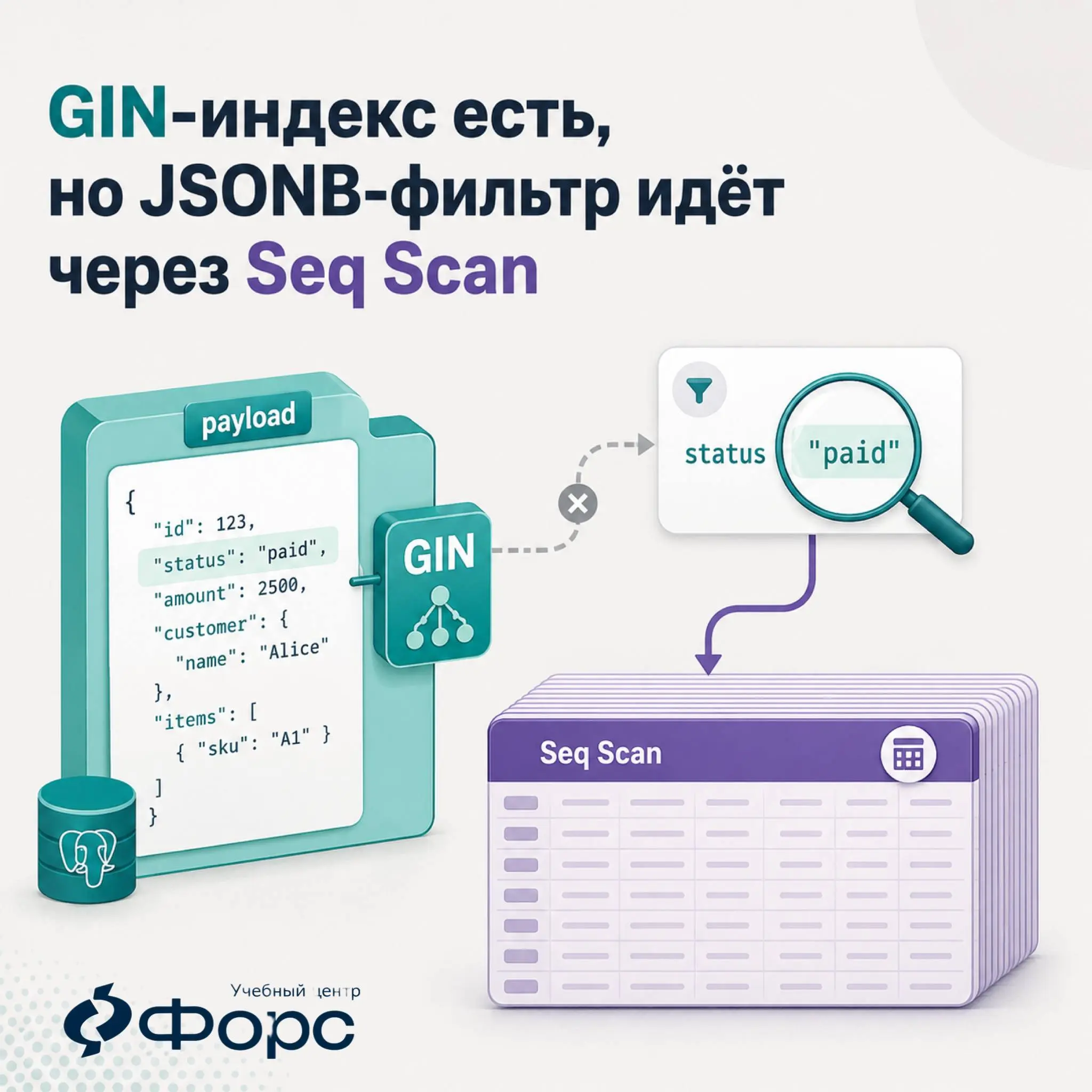 🛠️ GIN-индекс есть, но фильтр по JSONB всё равно идёт через Seq Scan
Индекс:
CREATE INDEX eventspayloadgin
ON events
USING gin (payload);
Запрос приложения:
SELECT *
FROM events
WHERE payload->>'statu... | Сетка — социальная сеть от hh.ru