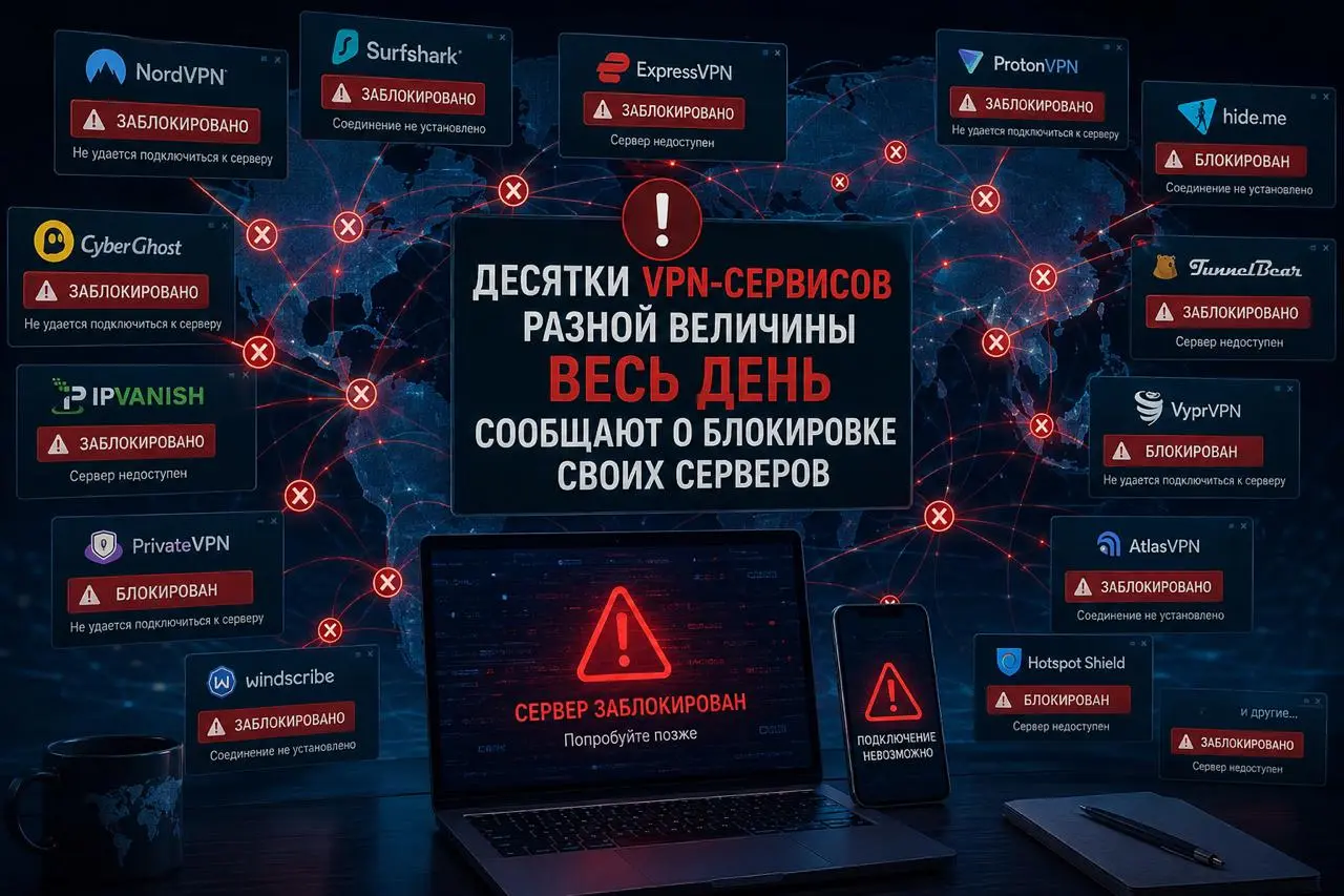 Десятки VPN-сервисов разной величины весь день сообщают о блокировке своих серверов
Таких масштабных блокировок давно не было. В чёрные списки попали IP-адреса сразу нескольких крупных хостингов | Сетка — социальная сеть от hh.ru